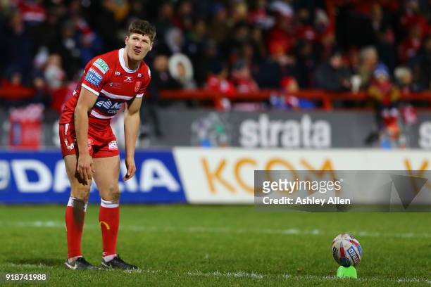 Ryan Shaw of Hull KR lines up his kick during the BetFred Super League match between Hull KR and Catalans Dragons at KCOM Craven Park on February 15,...