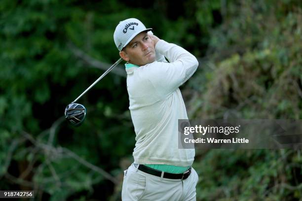 Matt Every plays his shot from the 12th tee during the first round of the Genesis Open at Riviera Country Club on February 15, 2018 in Pacific...