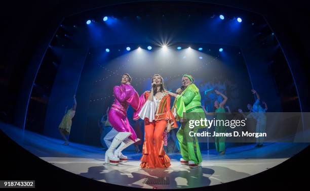 Members of the company of the Australian touring production of Mamma Mia during a media call at the Capitol Theatre on Feb 14, 2018 in Sydney,...