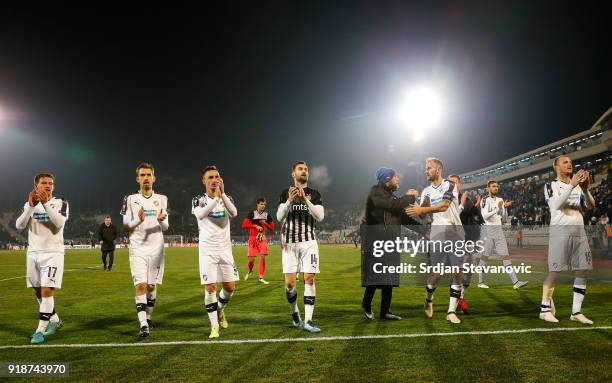 Players of Viktoria Plzen celebrate with the fans after UEFA Europa League Round of 32 match between Partizan Belgrade and Viktoria Plzen at the...