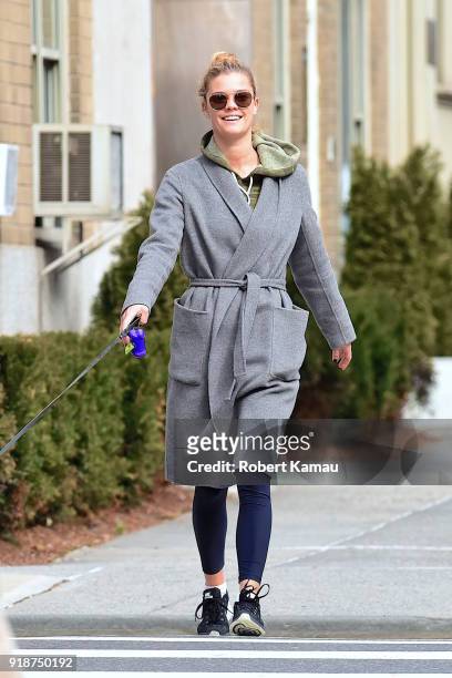 Nina Agdal seen out walking her dog Daisy on February 14, 2018 in New York City.