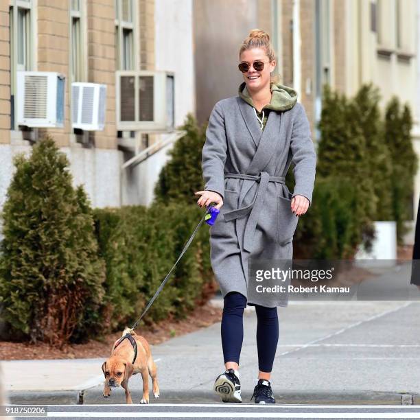 Nina Agdal seen out walking her dog Daisy on February 14, 2018 in New York City.