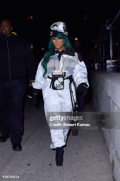 Lil' Kim seen leaving a New York Fashion event in Manhattan on February 14, 2018 in New York City.