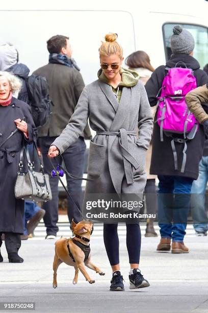 Nina Agdal seen out walking her dog Daisy on February 14, 2018 in New York City.