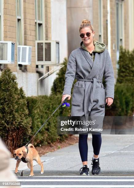 Nina Agdal seen out walking her dog Daisy on February 14, 2018 in New York City.