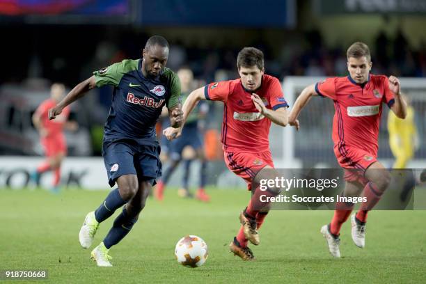 Reinhold Yabo of Red Bull Salzburg, Yuguruza of Real Sociedad, Kevin Rodrigues of Real Sociedad during the UEFA Europa League match between Real...