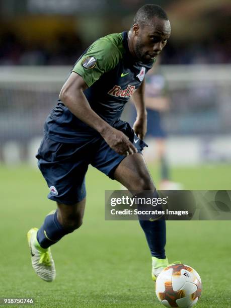 Reinhold Yabo of Red Bull Salzburg during the UEFA Europa League match between Real Sociedad v Salzburg at the Estadio Anoeta on February 15, 2018 in...