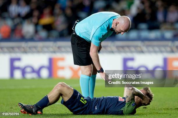 Fredrik Gulbrandsen of Red Bull Salzburg during the UEFA Europa League match between Real Sociedad v Salzburg at the Estadio Anoeta on February 15,...