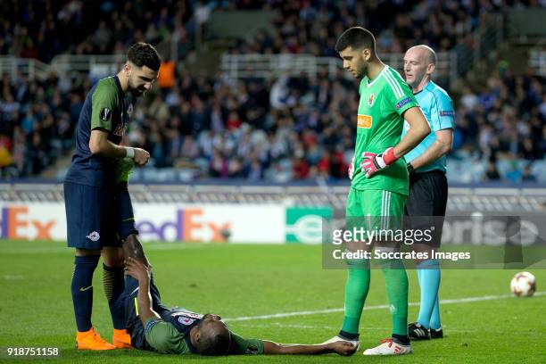 Moanes Dabour of Red Bull Salzburg, Reinhold Yabo of Red Bull Salzburg, Geronimo Rulli of Real Sociedad during the UEFA Europa League match between...