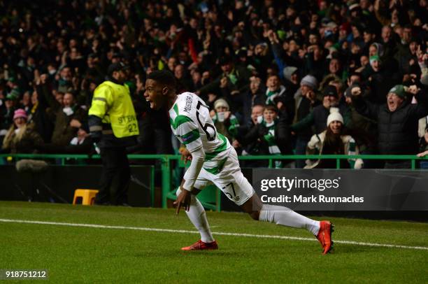 Charly Musonda of Celtic reacts as he celebrates the Celtic goal by team mate Callum McGregor during UEFA Europa League Round of 32 match between...