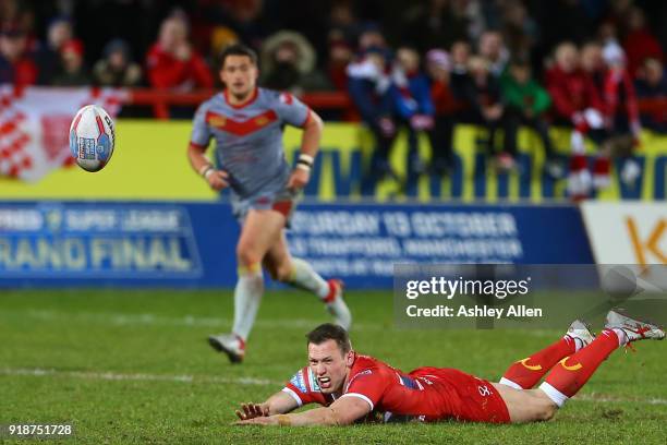 Shaun Lunt of Hull KR fumbles the ball during the BetFred Super League match between Hull KR and Catalans Dragons at KCOM Craven Park on February 15,...