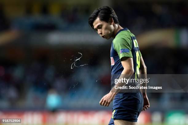 Takumi Minamino of Red Bull Salzburg during the UEFA Europa League match between Real Sociedad v Salzburg at the Estadio Anoeta on February 15, 2018...