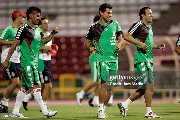 Mexico's Carlos Salcido, , Miguel Sabah and Cuauhtemoc Blanco during their training session at Hasely Crawford Stadium on October 13, 2009 in Port of...