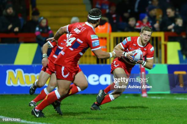 Chris Atkin of Hull KR gathers the ball during the BetFred Super League match between Hull KR and Catalans Dragons at KCOM Craven Park on February...