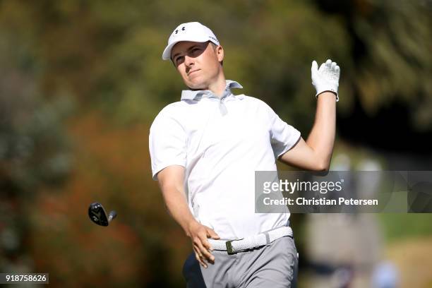 Jordan Spieth plays his shot from the fourth tee during the first round of the Genesis Open at Riviera Country Club on February 15, 2018 in Pacific...