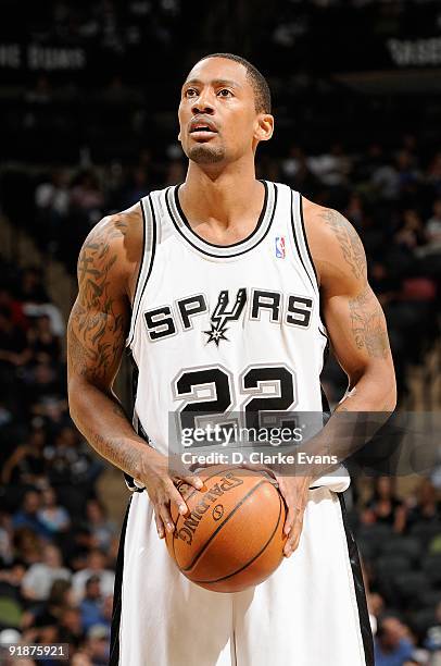 Marcus Haislip of the San Antonio Spurs shoots a free throw during the preseason game against the Houston Rockets on October 6, 2009 at the AT&T...