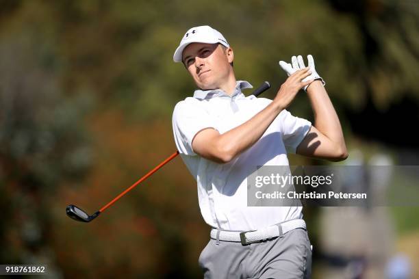 Jordan Spieth plays his shot from the fourth tee during the first round of the Genesis Open at Riviera Country Club on February 15, 2018 in Pacific...