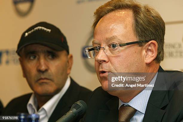 Per Ericsson of Volvo Event Management talks to media as Seve Ballesteros looks on during the press conference of the Volvo World Match Play...