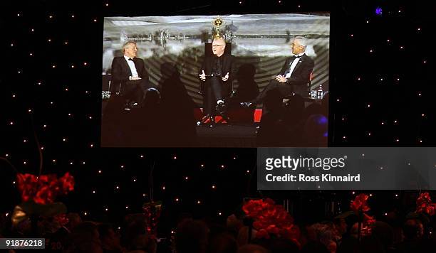Personality Chris Evans, Colin Montgomerie, The Eurpoean Ryder Cup Captainand Corey Pavin, The Amreican Ryder Cup Captain at the Gala Dinner after...