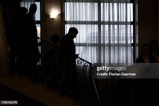 German Foreign Minister Sigmar Gabriel goes downstairs after the meeting with the President of Kosovo on February 15, 2018 in Pristina, Kosovo....