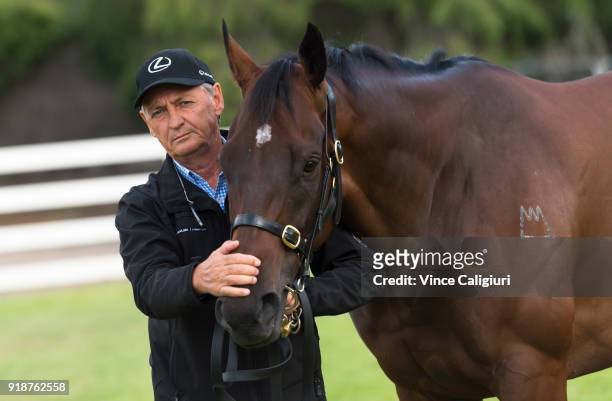 Trainer Peter Snowden poses with Redzel during a stable media call at Flemington Racecourse on February 16, 2018 in Melbourne, Australia. Redzel will...