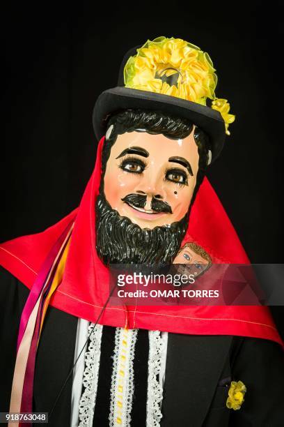Noe Vazquez poses in his "Catrines" costume for the carnival in Tlaxcala, Mexico on February 13, 2018. The satirical costumes and masks were...