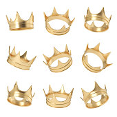 3d rendering of a set made up of several golden crowns hanging on a white background in different angles
