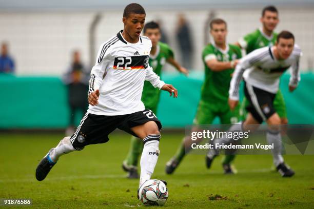 Elias Kachunga of Germany scoring the sixth goal during the U18 International Friendly match between Germany and Algeria at the Vivaris stadium on...