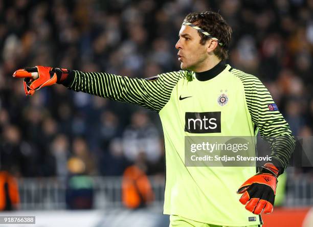 Goalkeeper Vladimir Stojkovic of Partizan in action during UEFA Europa League Round of 32 match between Partizan Belgrade and Viktoria Plzen at the...