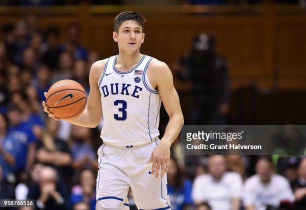 Grayson Allen of the Duke Blue Devils against the Virginia Tech Hokies during their game at Cameron Indoor Stadium on February 14, 2018 in Durham,...