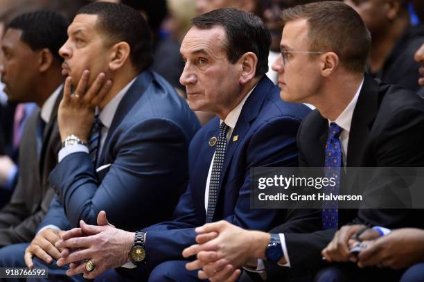 Coaches Nate James, Jeff Capel, head coach Mike Krzyzewski and Jon Scheyer watch during their game against the Virginia Tech Hokies at Cameron Indoor...