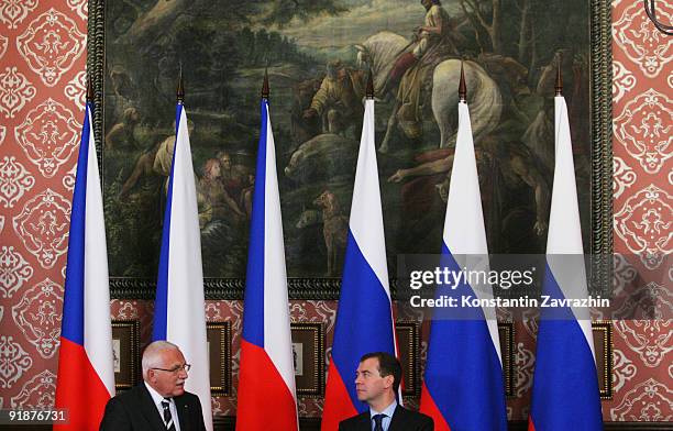 Russia's President Dmitry Medvedev and Czech President Vaclav Klaus attend a news conference at the presidential residence October 14, 2009 in...