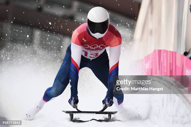 Matt Antoine of the United States slides into the finish area during the Men's Skeleton heats at Olympic Sliding Centre on February 16, 2018 in...