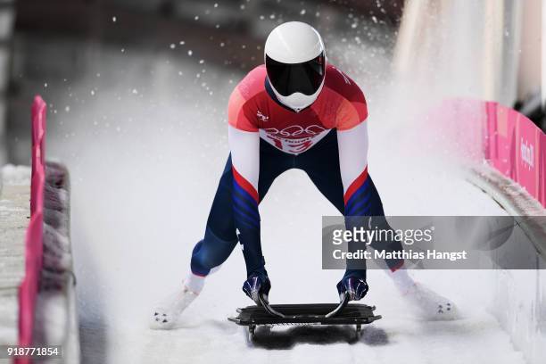 Matt Antoine of the United States slides into the finish area during the Men's Skeleton heats at Olympic Sliding Centre on February 16, 2018 in...