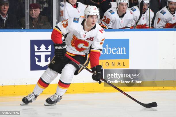 Sean Monahan of the Calgary Flames skates against the New York Rangers at Madison Square Garden on February 9, 2018 in New York City. The New York...