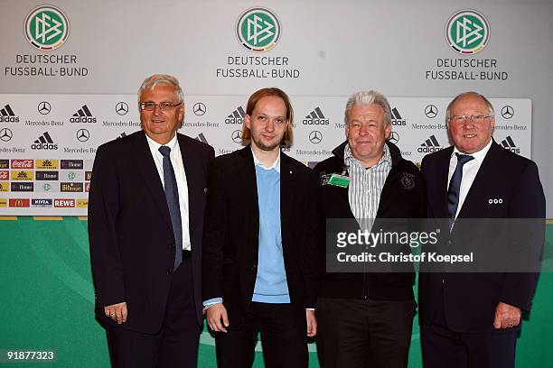 Theo Zwanziger, president of the German Football Association and Uwe Seeler honour the regional German Football organisation of Berlin during the DFB...