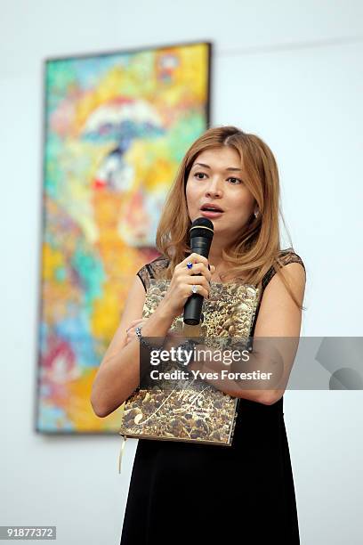 Dr.Gulnara Karimova, Chairwoman of the Board of Trustees, Fund Forum makes a speech during the Akmal Nur Exhibition opening at The Center of National...