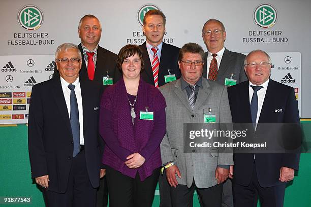 Theo Zwanziger, president of the German Football Association and Uwe Seeler honour the regional German Football organisation of Thuringia during the...