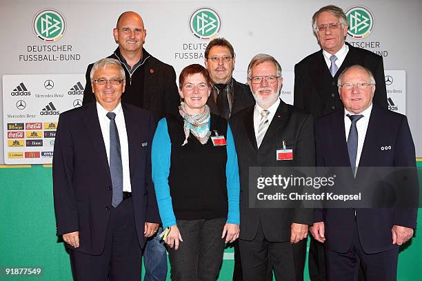 Theo Zwanziger, president of the German Football Association and Uwe Seeler honour the regional German Football organisation of Middle-Rhine during...