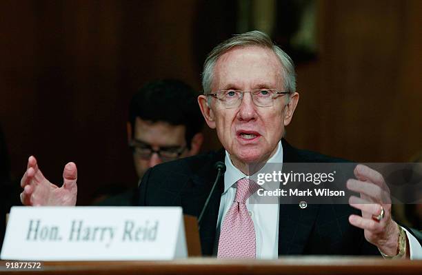 Senate Majority Leader Harry Reid , testifies during a Senate Judiciary Committee hearing on Capitol Hill on October 14, 2009 in Washington, DC. The...