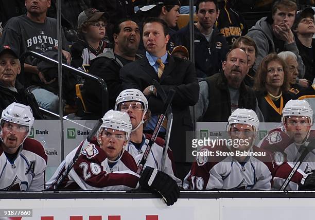 Head Coach Joe Sacco of the Colorado Avalanche watches the play against the Boston Bruins at the TD Garden on October 12, 2009 in Boston,...