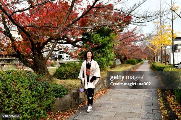 japanese woman in kimono walking on bank of kamo river, kyoto - kamo river stock pictures, royalty-free photos & images