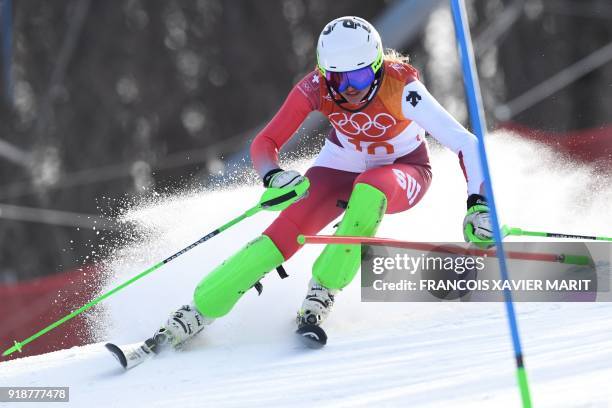 Switzerland's Denise Feierabend competes in the Women's Slalom at the Jeongseon Alpine Center during the Pyeongchang 2018 Winter Olympic Games in...