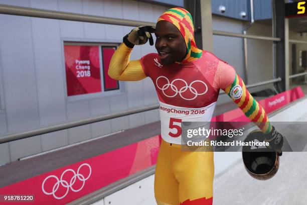 Akwasi Frimpong of Ghana reacts in the finish area during the Men's Skeleton heats at Olympic Sliding Centre on February 16, 2018 in Pyeongchang-gun,...