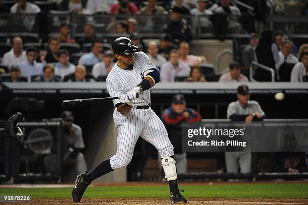 Alex Rodriguez of the New York Yankees bats during Game Two of the American League Division Series , against the Minnesota Twins at Yankee Stadium in...