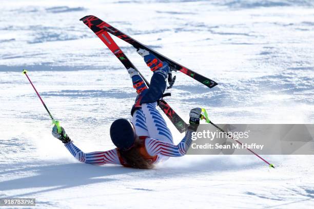 Resi Stiegler of the United States crashes during the Ladies' Slalom Alpine Skiing at Yongpyong Alpine Centre on February 16, 2018 in...