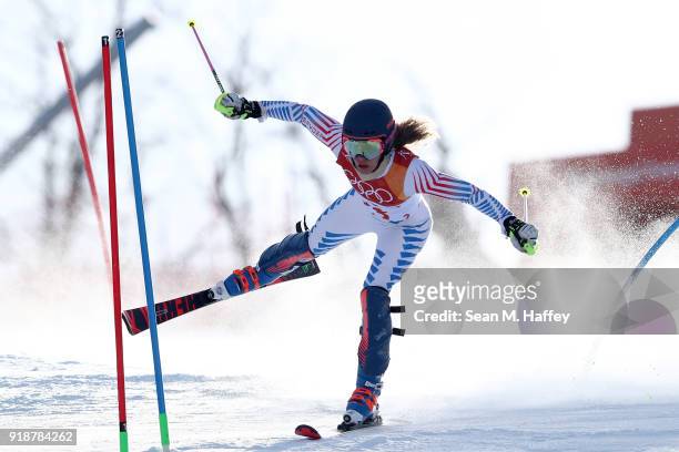 Resi Stiegler of the United States crashes during the Ladies' Slalom Alpine Skiing at Yongpyong Alpine Centre on February 16, 2018 in...
