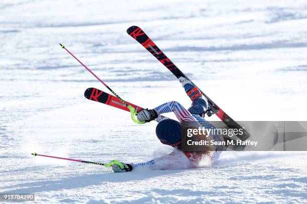 Resi Stiegler of the United States crashes during the Ladies' Slalom Alpine Skiing at Yongpyong Alpine Centre on February 16, 2018 in...