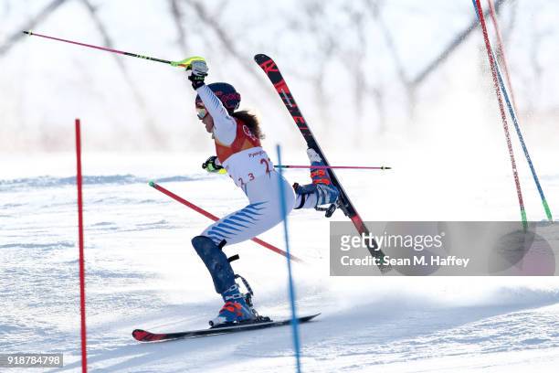 Resi Stiegler of the United States crashes during the Ladies' Slalom Alpine Skiing at Yongpyong Alpine Centre on February 16, 2018 in...