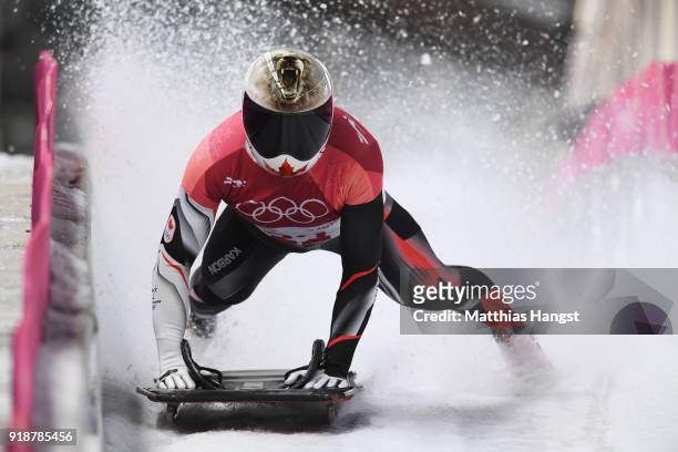 Barrett Martineau of Canada slides into the finish area during the Men's Skeleton heats at Olympic Sliding Centre on February 16, 2018 in...